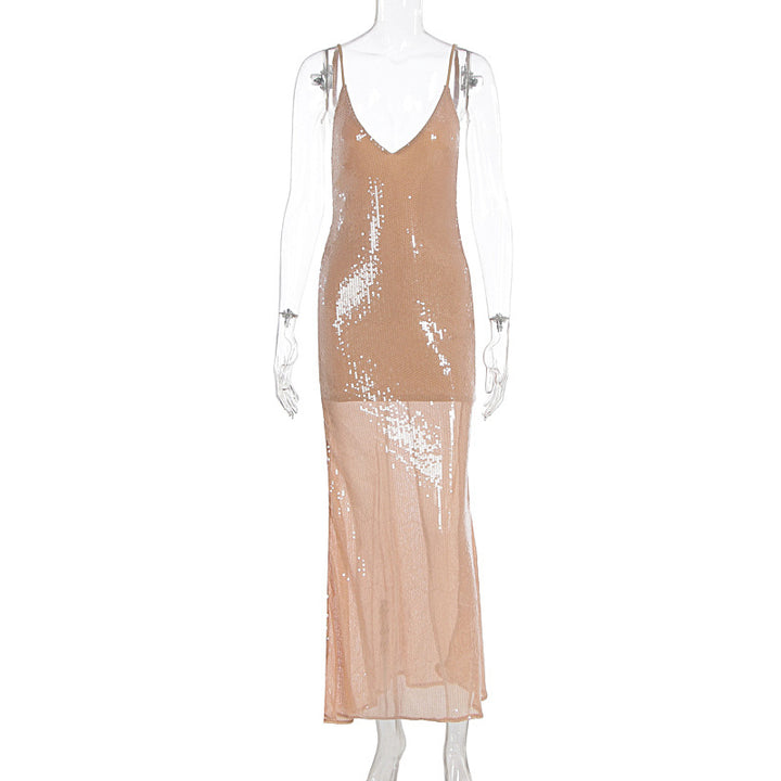 Damen Glamouröses Abendkleid mit funkelndem Paillettenbesatz und tiefem V-Ausschnitt Drune