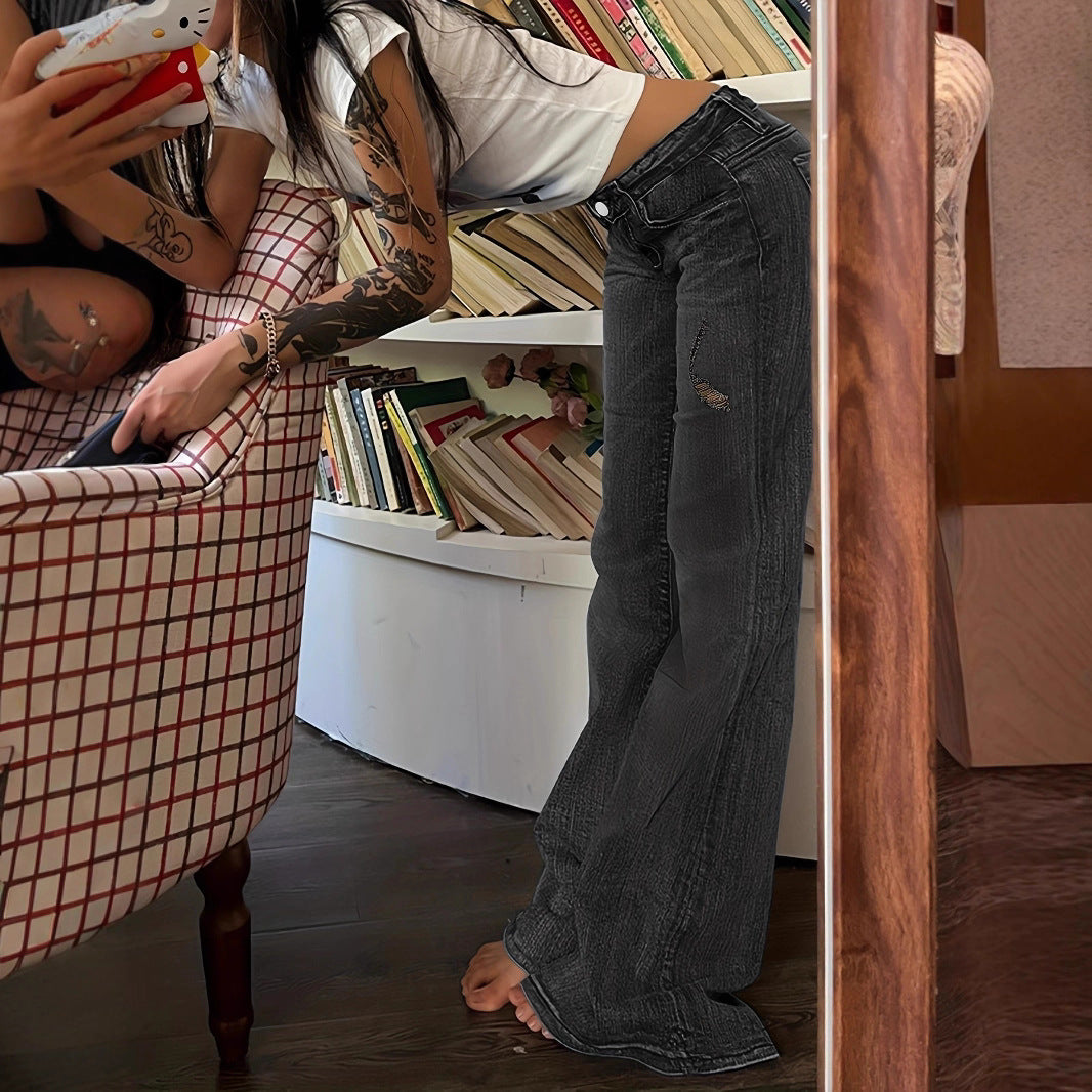 Damen Hochtaillierte Flared-Jeans mit ausgestelltem Bein, dezenter Stickerei & verlängertem Saum Drune