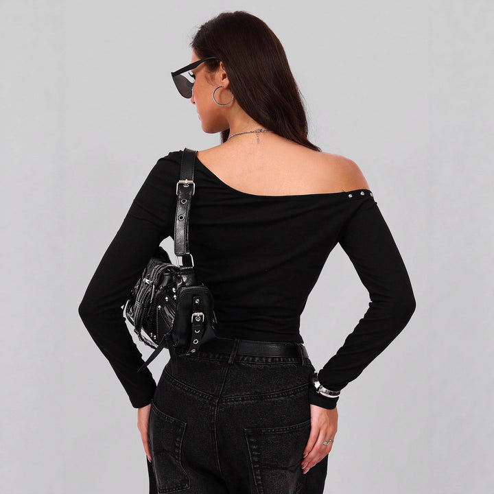 Damen nan asymmetrisches schulterfreies Langarmshirt mit Nietenbesatz und tailliertem Schnitt Drune