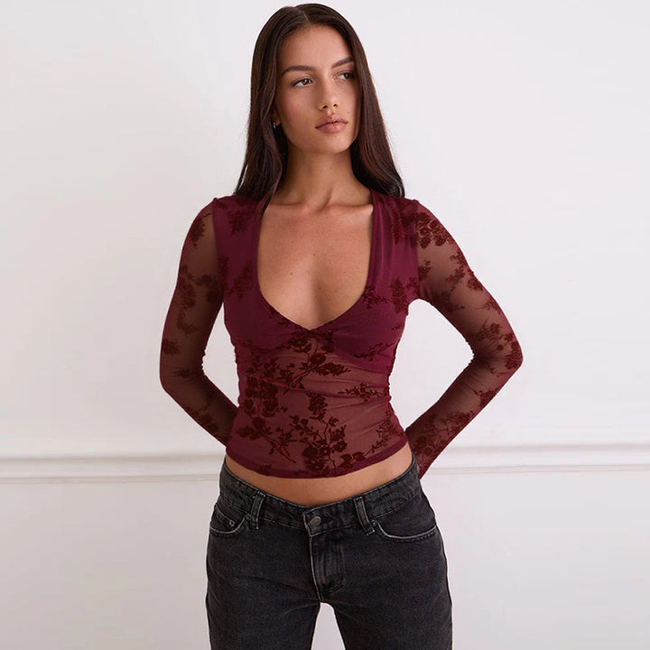 Damen Spitzenoberteil mit tiefem V-Ausschnitt und floralem Design Drune