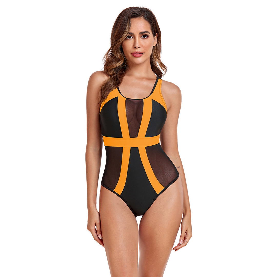Damen Einteiliger Badeanzug mit transparenten Mesh-Einsätzen und modischem Farbblock Drune