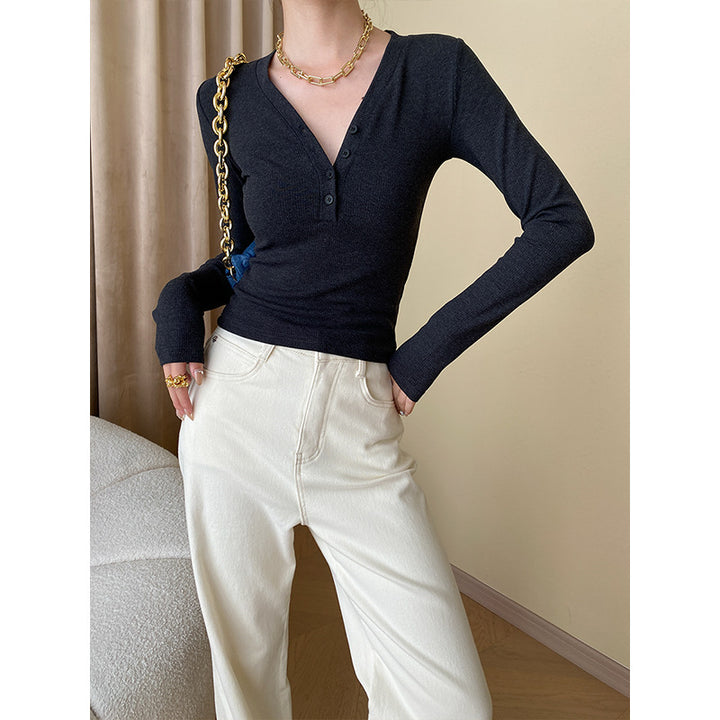 Damen Langarm-Henley-Shirt aus hochwertigem Rippstrick mit modischen Knopfdetails Drune