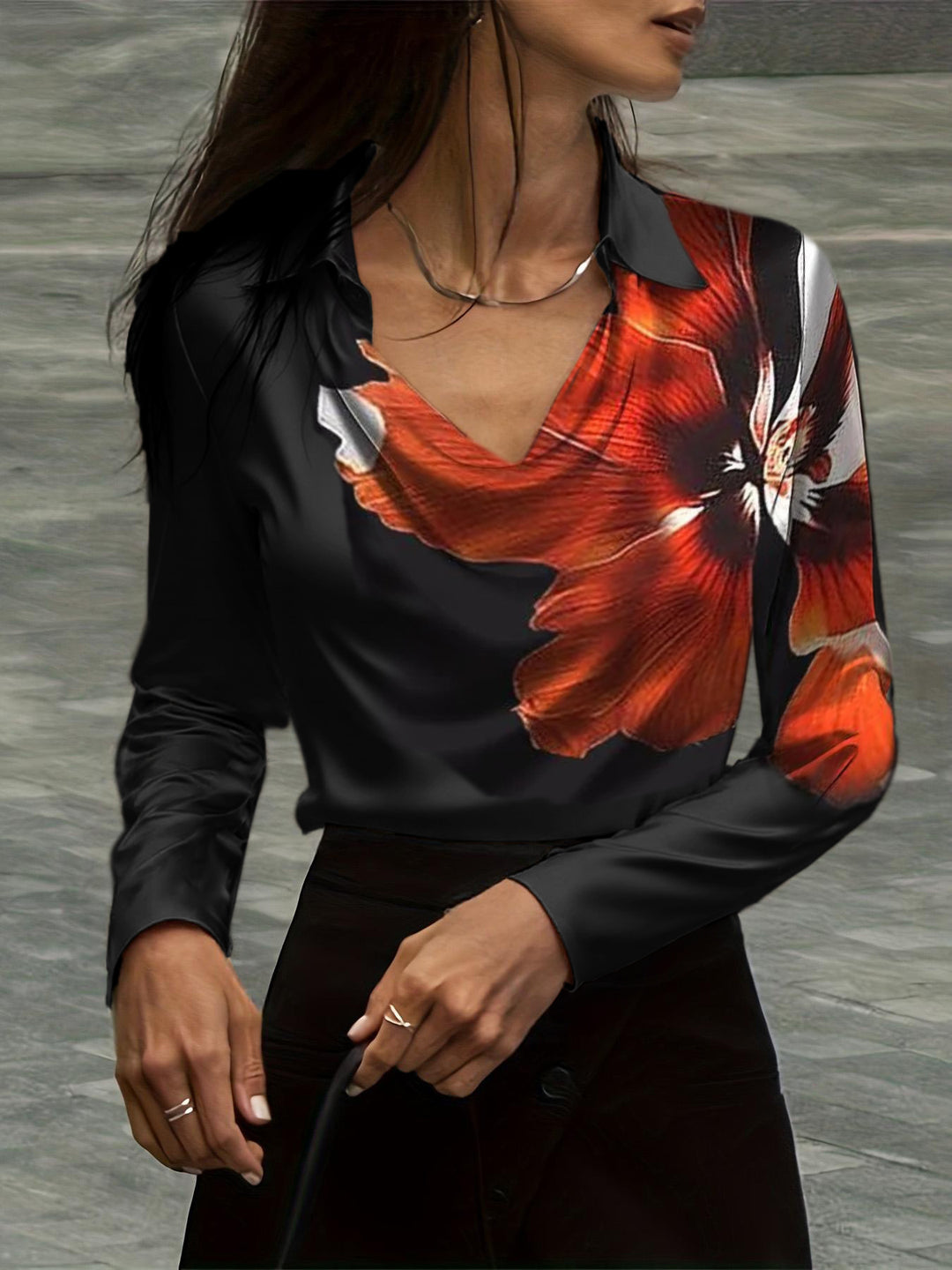 Damen Satinbluse mit Wasserfallkragen und Hemdkragen Drune