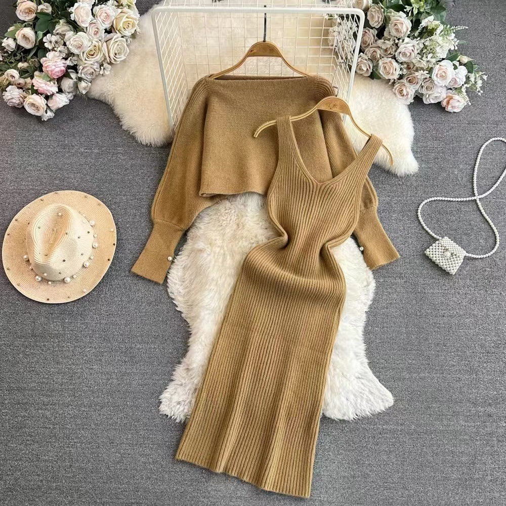 Damen Elegantes Strickkleid mit V-Ausschnitt und passendem Cardigan Drune