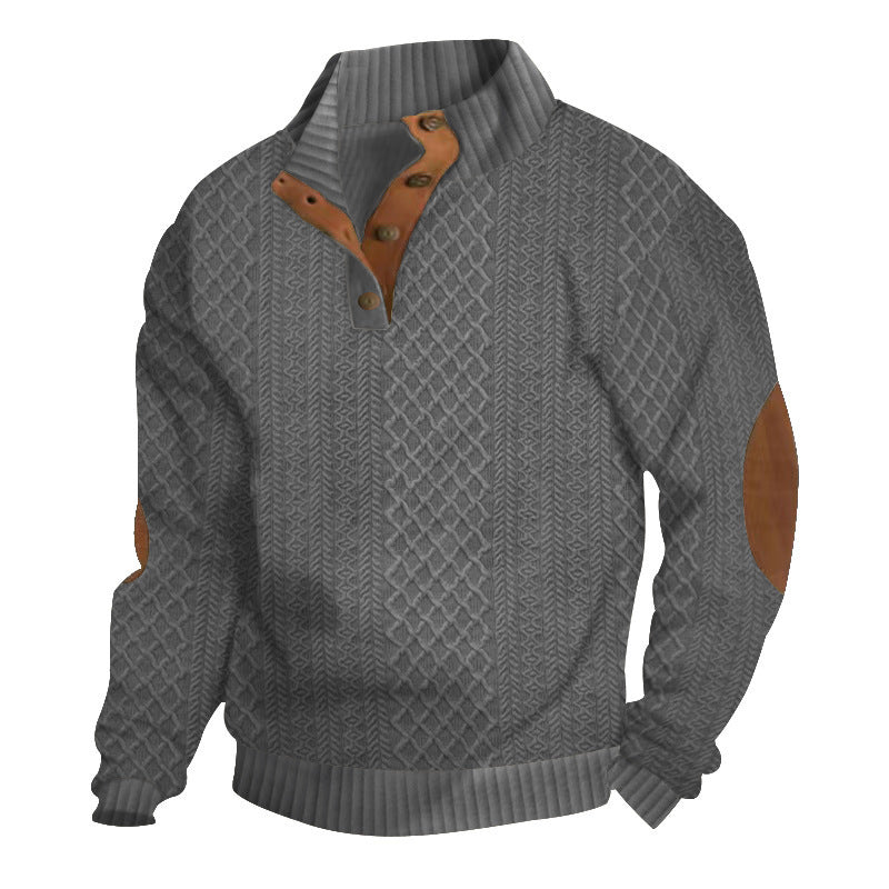 Herren nan grobstrickpullover mit Stehkragen, Knopfleiste und Ellbogenpatches Drune