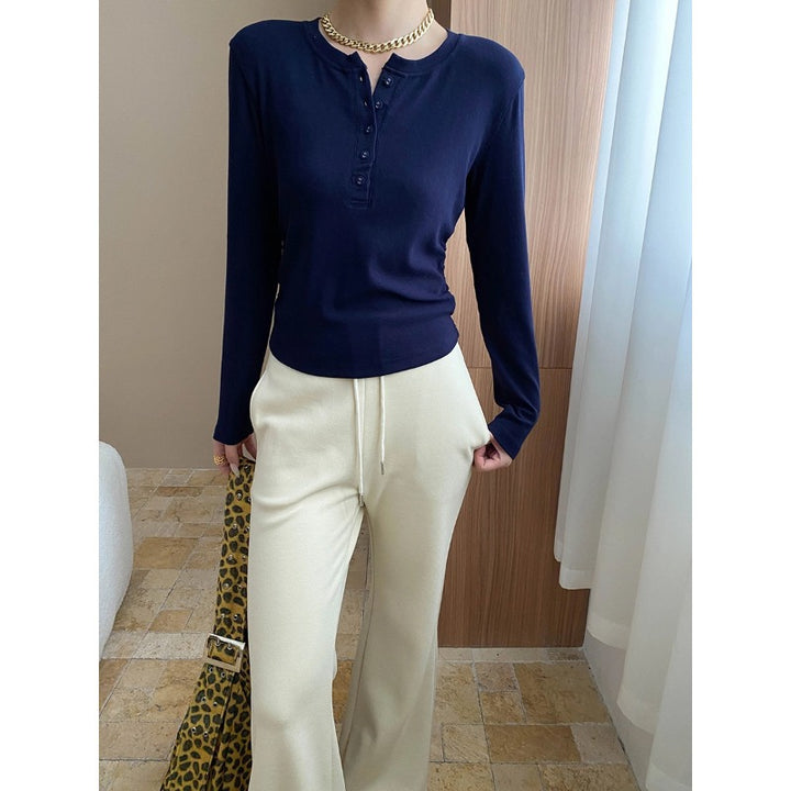 Damen Langarm-Henley-Shirt mit modischen Rippdetails Drune
