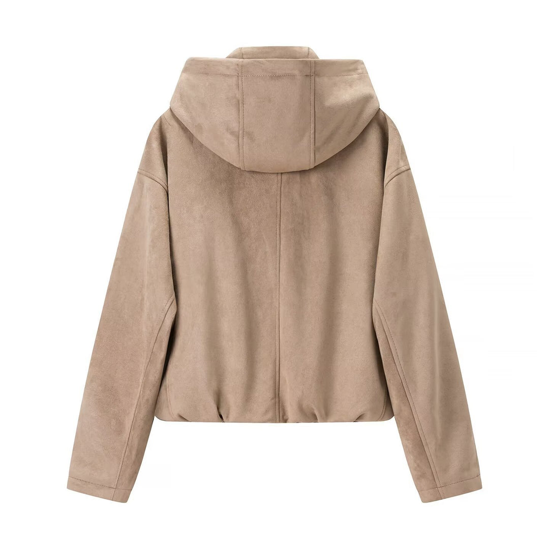 Damen Kurzjacke im Veloursleder‑Look mit Kapuze, Tunnelzug und Reißverschluss Drune