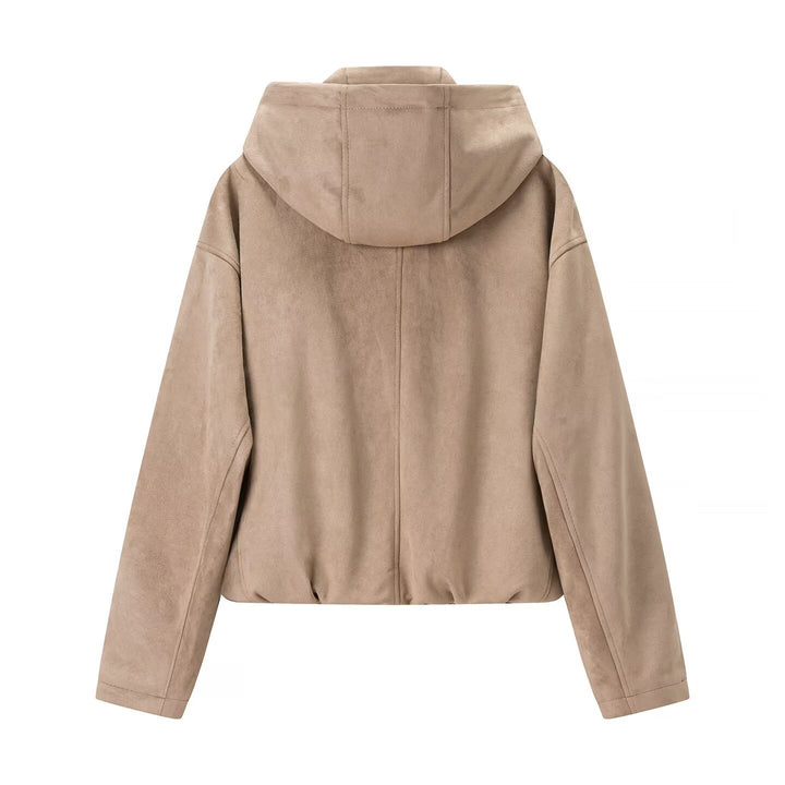 Damen Kurzjacke im Veloursleder‑Look mit Kapuze, Tunnelzug und Reißverschluss Drune