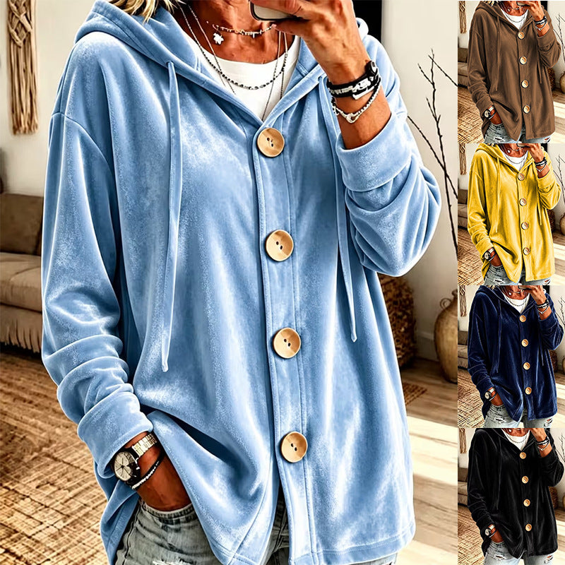 Damen Oversize Kapuzen-Samtjacke mit großen Holzknöpfen und weichem Veloursfutter Drune