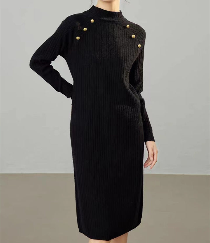 Damen Strickkleid mit dekorativen Knopfdetails und feiner Rippstruktur Drune