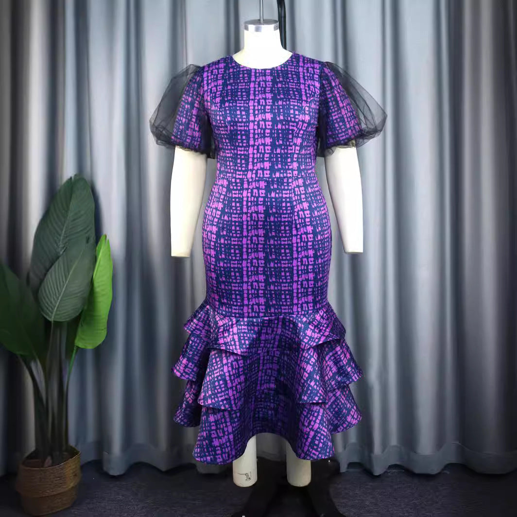 Damen Elegantes Kleid mit voluminösen Tüllärmeln und asymmetrischem Rüschenrock Drune