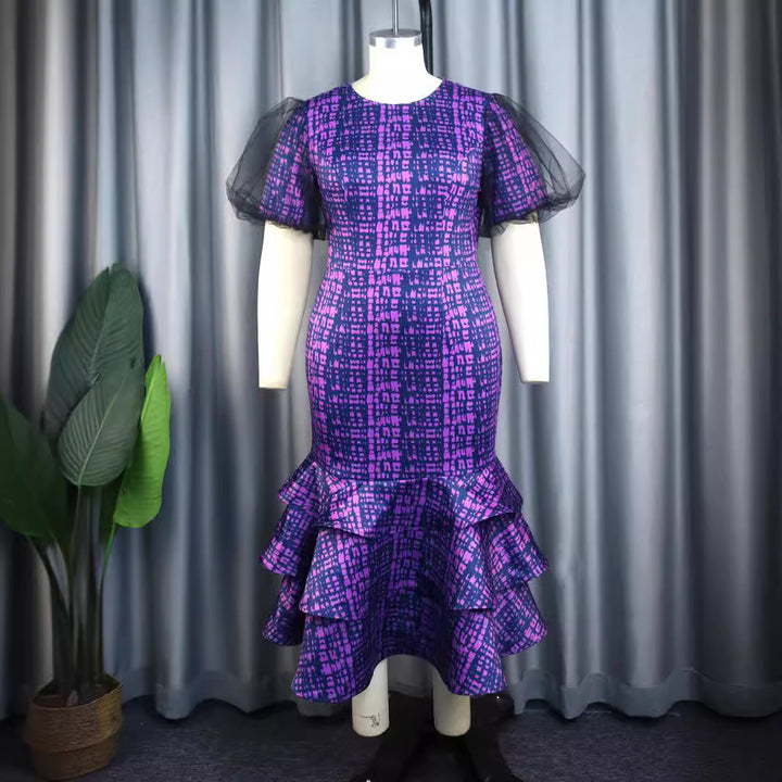 Damen Elegantes Kleid mit voluminösen Tüllärmeln und asymmetrischem Rüschenrock Drune