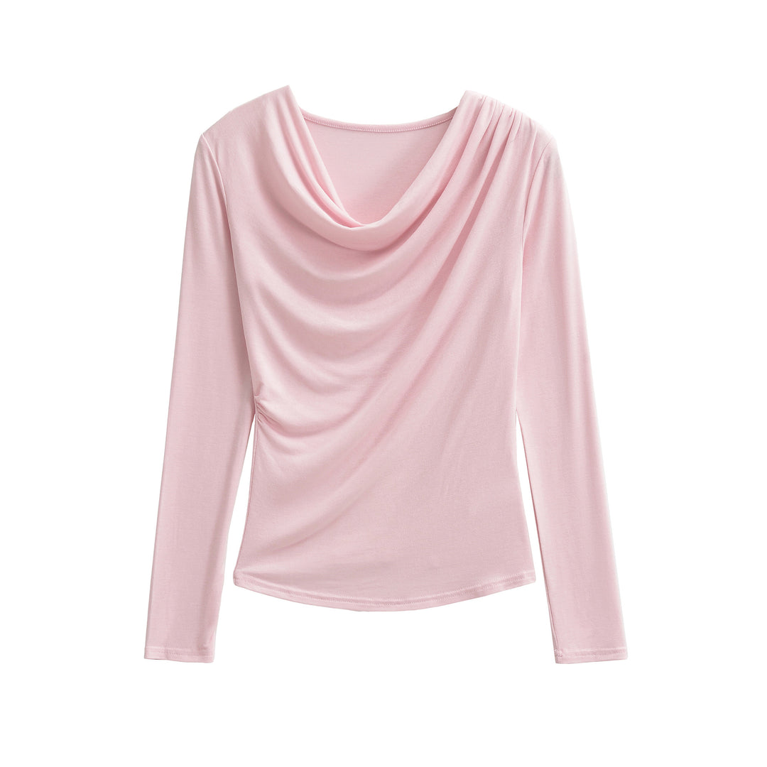 Damen Wasserfallkragen Langarmshirt mit Drapierung und taillierter Wickeloptik Drune