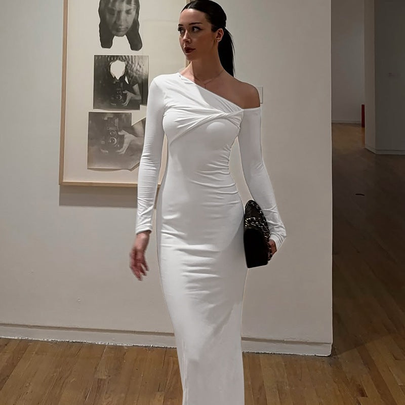 Damen Elegantes langärmliges Kleid mit asymmetrischem Ausschnitt Drune