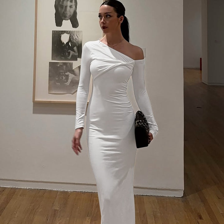 Damen Elegantes langärmliges Kleid mit asymmetrischem Ausschnitt Drune