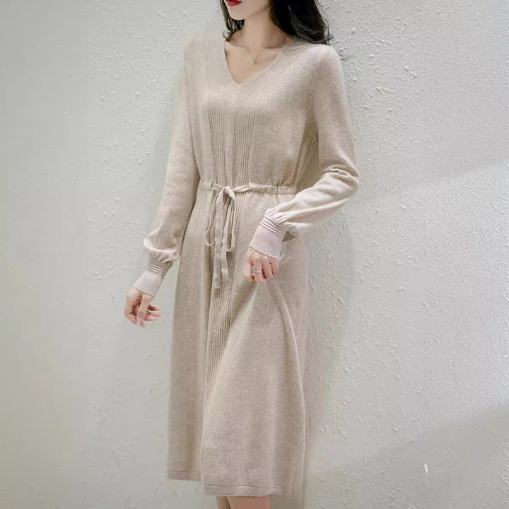 Damen Strickkleid mit taillierbarem Gürtel und fein strukturiertem Oberteil Drune