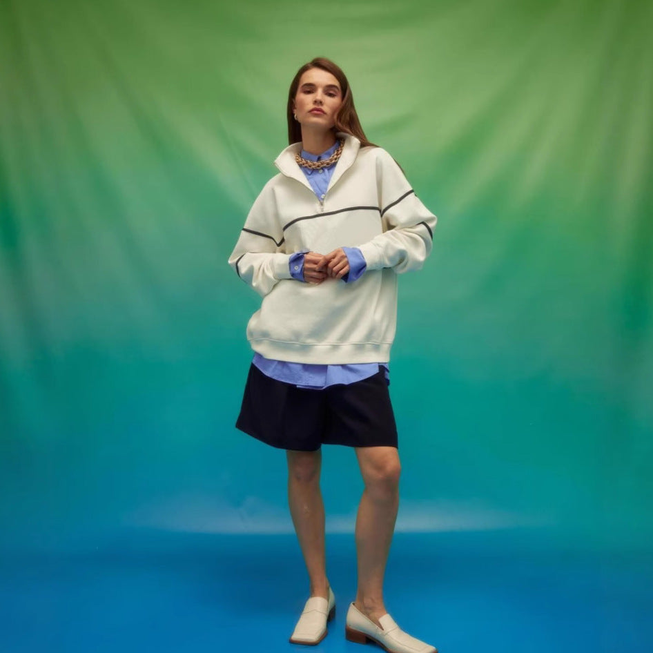 Damen Oversized Kapuzenpullover mit Reißverschluss und Streifenmuster Drune