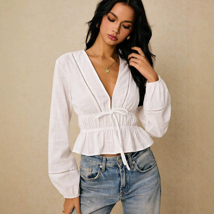 Damen Bluse mit tiefem V‑Ausschnitt, Kordel‑Taillenband und Volant Drune