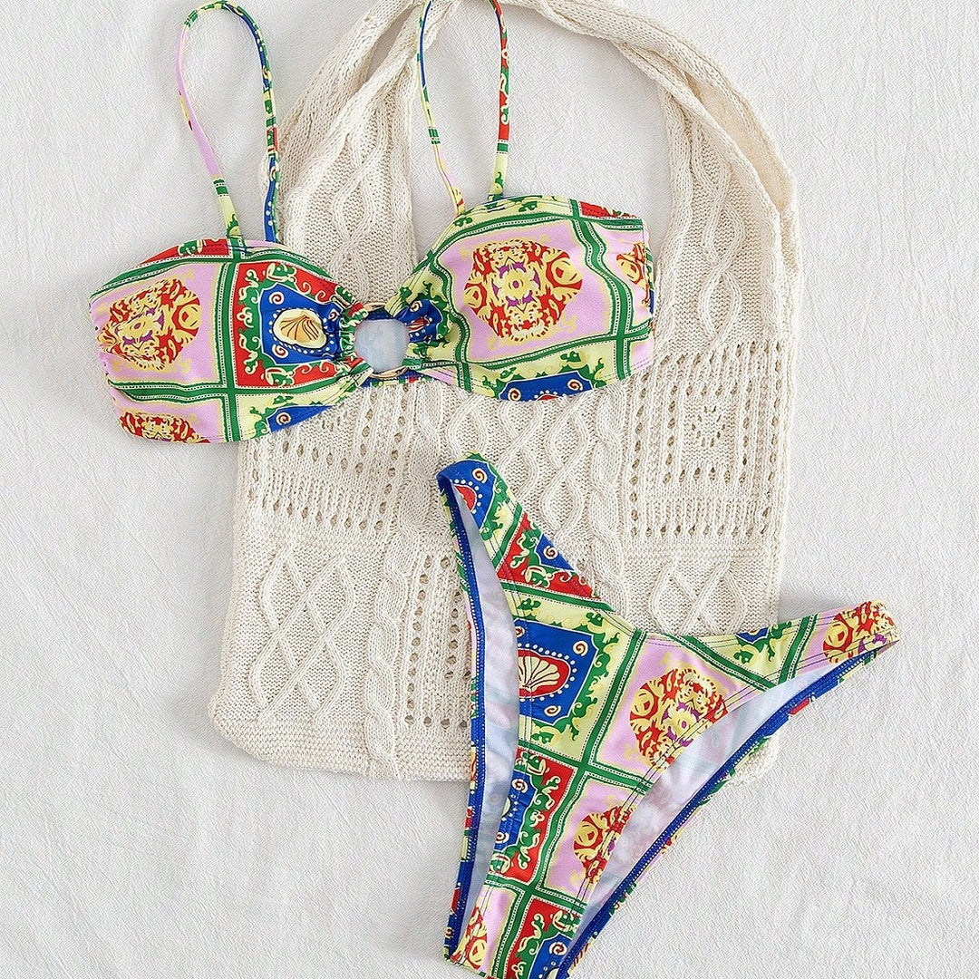 Damen Bikini mit elegantem Bandeau-Schnitt und buntem Muster Drune