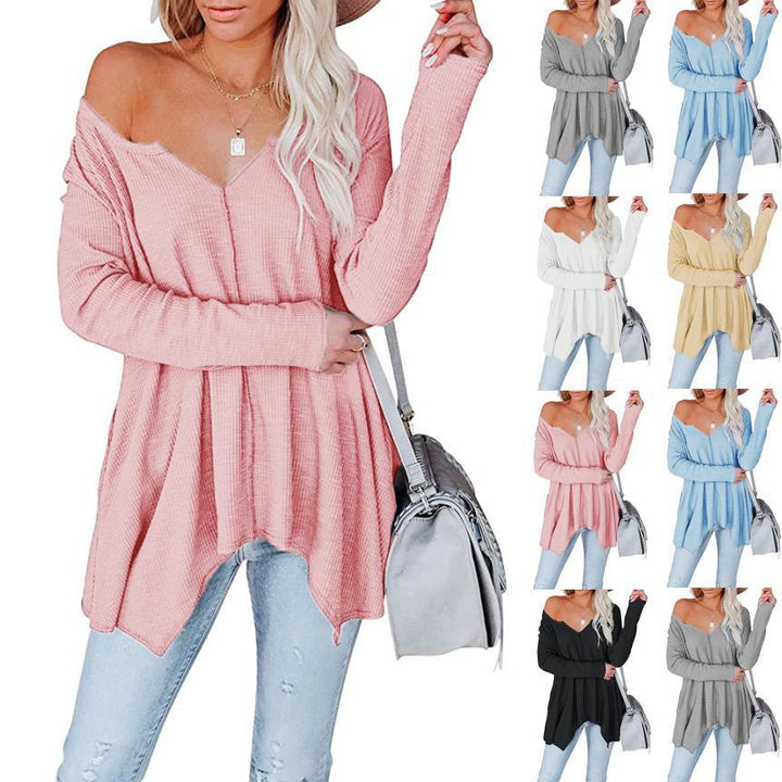 Damen Freizeit Waffelstrick Tunika mit V-Ausschnitt, Off-Shoulder und asymmetrischem Saum Drune