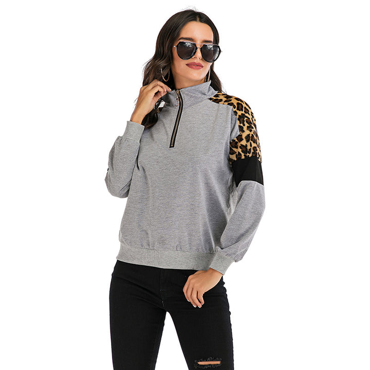Damen Sweatshirt mit Stehkragen, halbem Reißverschluss & Leo-Detail Drune