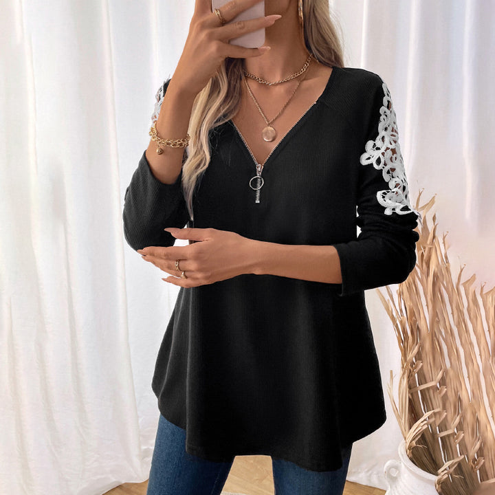 Damen Lässiges Longsleeve-Tunika-Shirt mit V‑Reißverschluss und Spitzenapplikation Drune