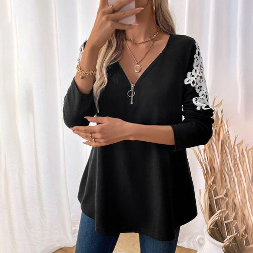 Damen Lässiges Longsleeve-Tunika-Shirt mit V‑Reißverschluss und Spitzenapplikation Drune