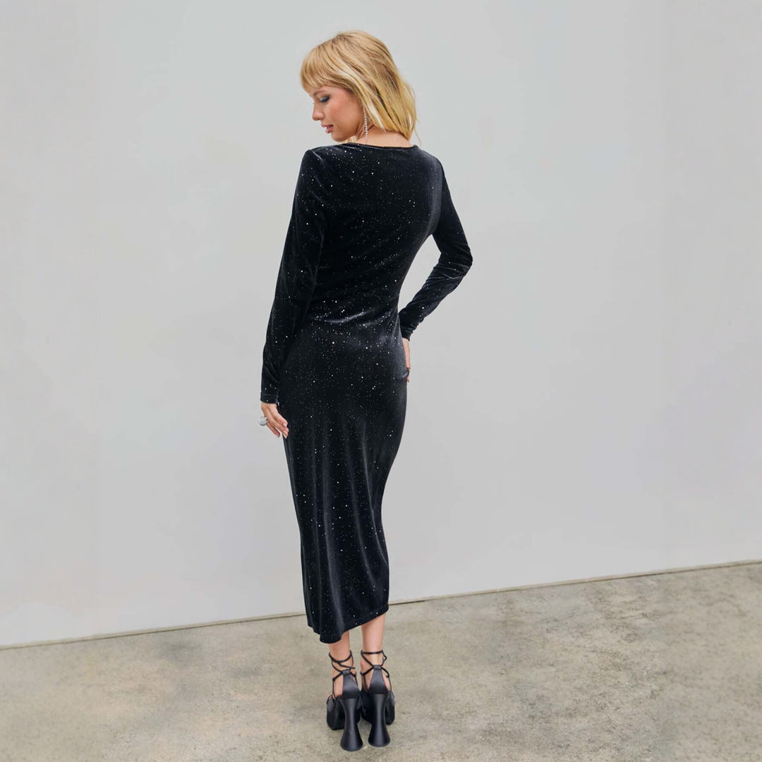 Damen glamouröses Samt-Wickelkleid mit Glitzereffekt, Raffung und hohem Beinschlitz Drune