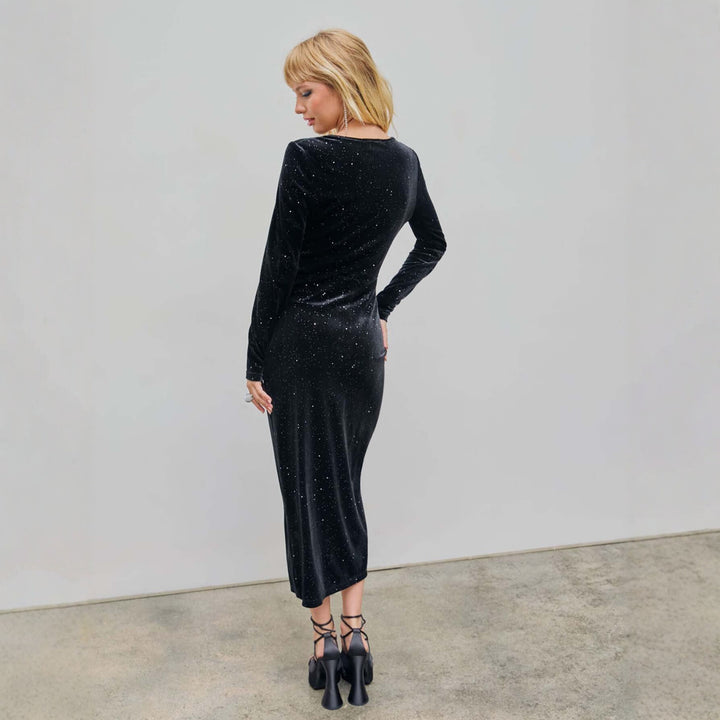 Damen glamouröses Samt-Wickelkleid mit Glitzereffekt, Raffung und hohem Beinschlitz Drune