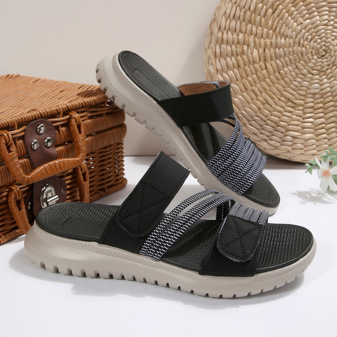 Damen Komfort-Pantolette mit verstellbaren Klettriemen, elastischen Zierbändern und stoßdämpfender Profilsohle Drune