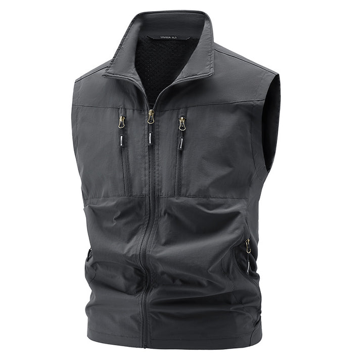 Herren nan multifunktionale technische Outdoor-Weste mit hohem Stehkragen, vier verdeckten Reißverschlusstaschen und atmungsaktivem Meshfutter Drune