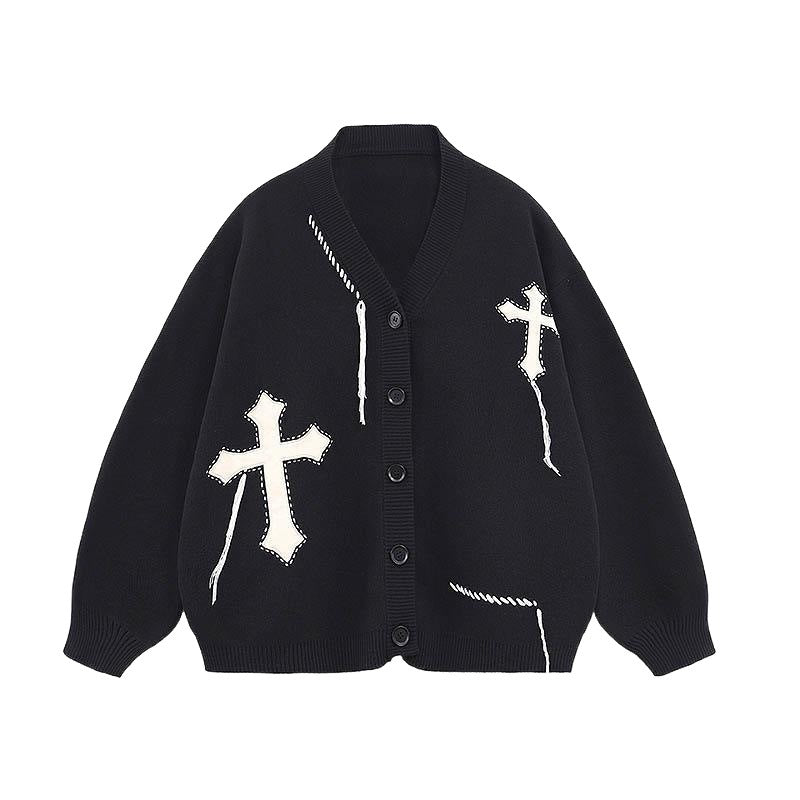 Damen modische Strickjacke mit Kreuzapplikationen und Knopfdetails Drune