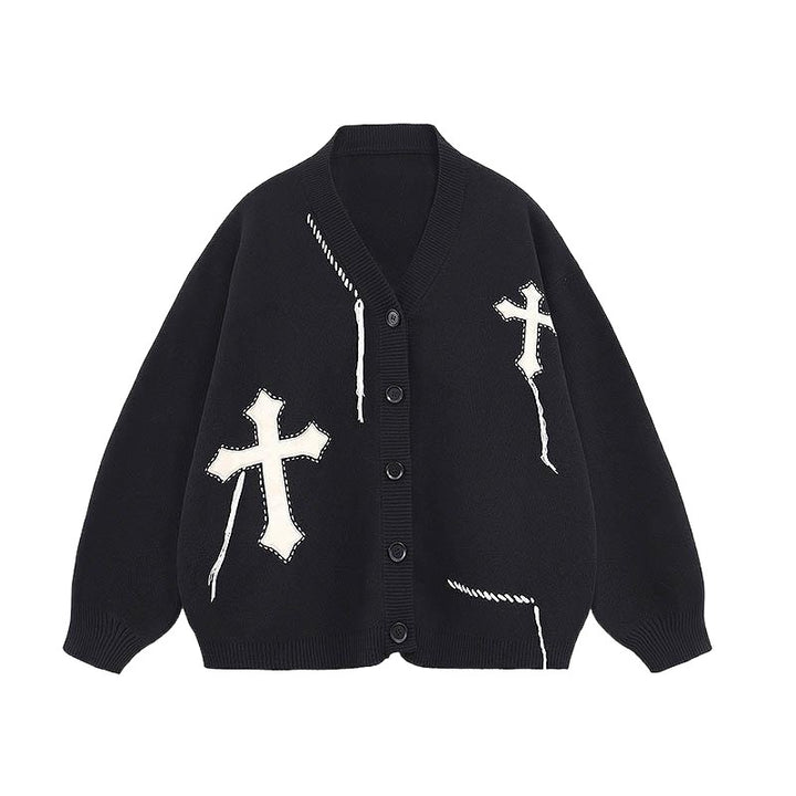 Damen modische Strickjacke mit Kreuzapplikationen und Knopfdetails Drune