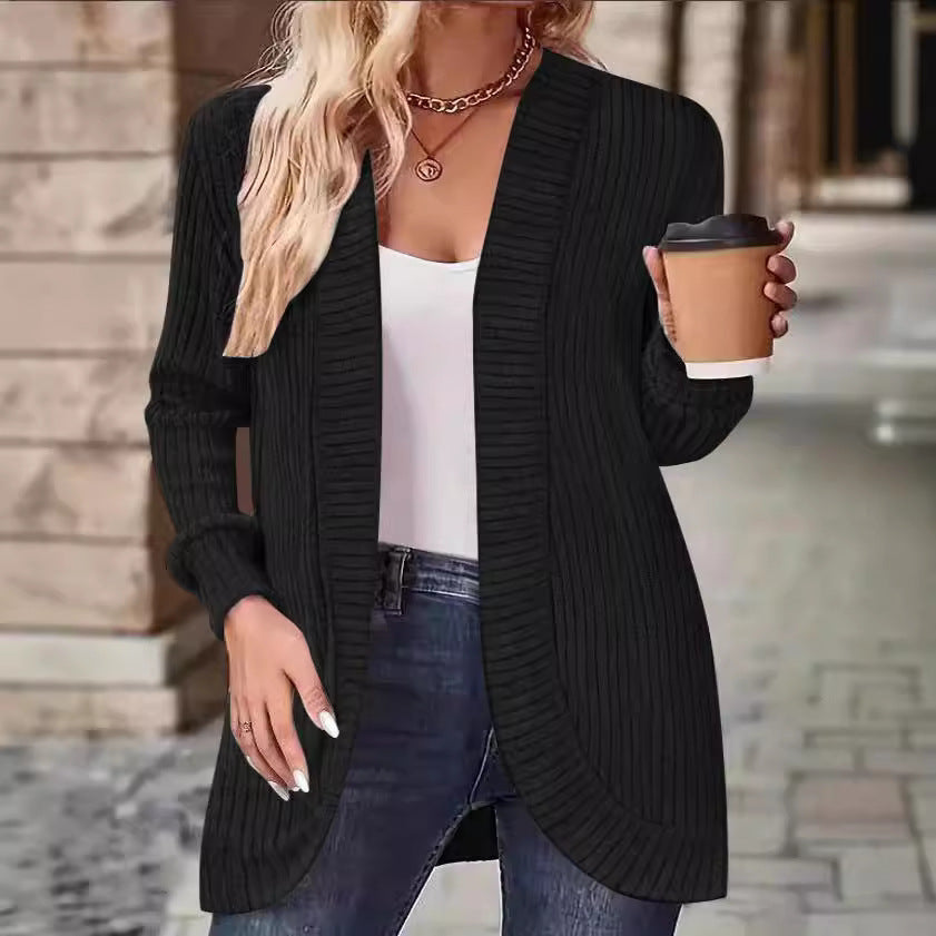 Damen Langer Offener Rippstrick-Cardigan mit abgerundetem Saum Drune