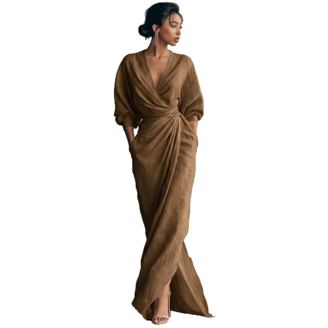 Damen Wickel-Maxikleid aus Leinenmix mit tiefem V-Ausschnitt und Ballonärmeln Drune