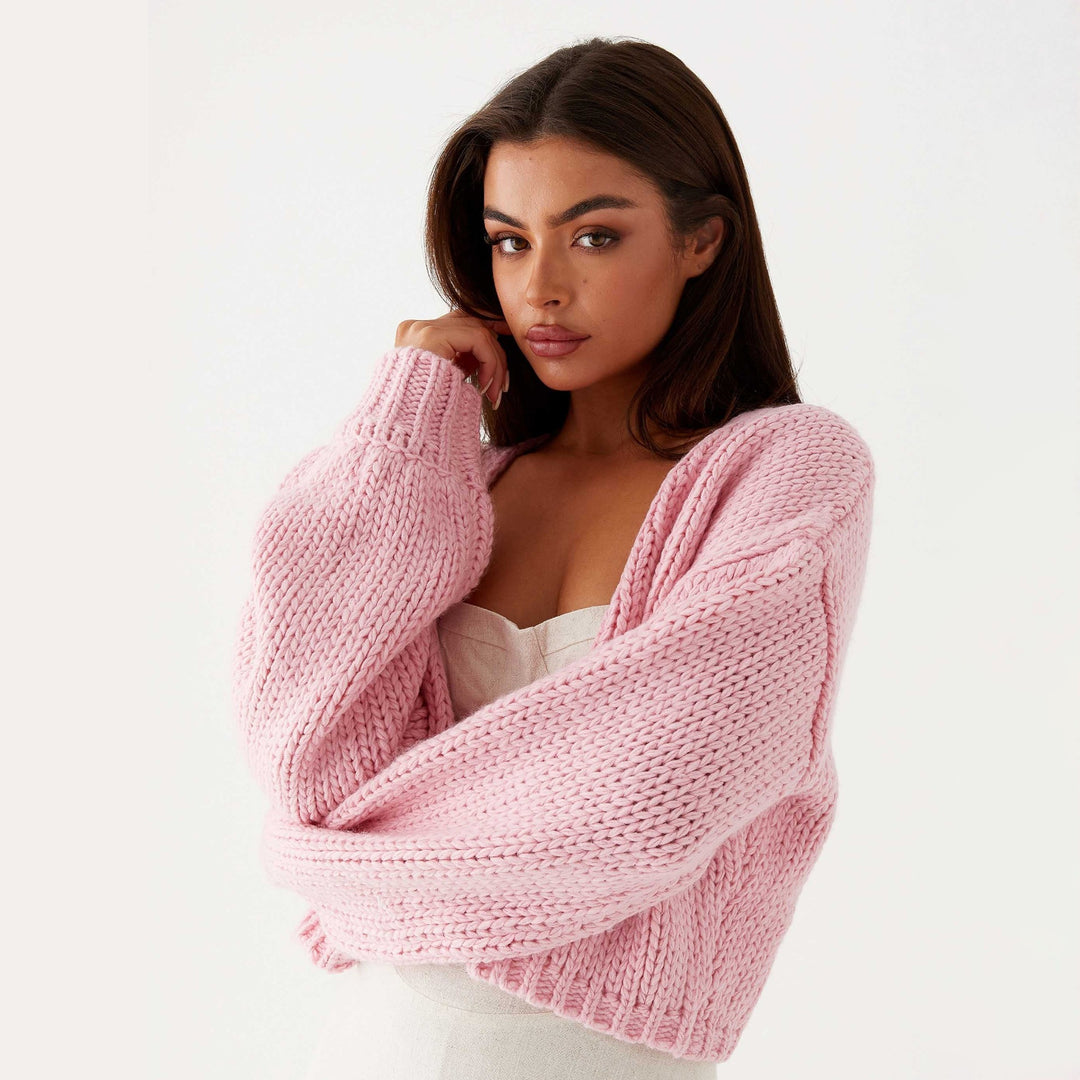 Damen Oversized Grobstrick-Cardigan mit Schalkragen und Rippbündchen Drune