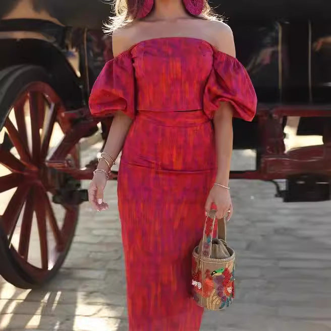 Damen figurbetontes Maxikleid mit Puffärmeln und elegantem V-Ausschnitt Drune