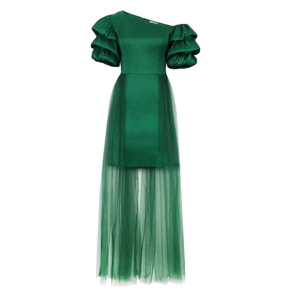 Damen Elegantes Tüllkleid mit asymmetrischem Ausschnitt und voluminösen Puffärmeln Drune