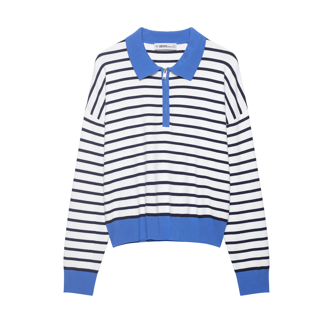 Damen Gestreiftes Cropped Strickpolo mit halbem Reißverschluss und breitem Rippbund Drune