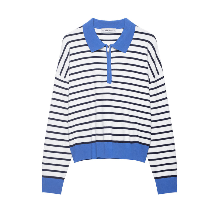 Damen Gestreiftes Cropped Strickpolo mit halbem Reißverschluss und breitem Rippbund Drune