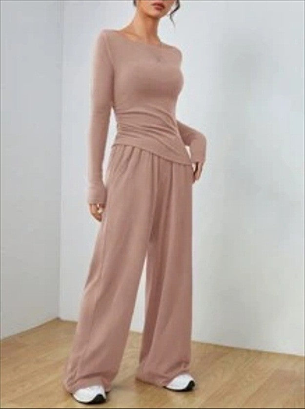 Damen Lässiges Two‑Piece Lounge‑Set mit U‑Boot‑Ausschnitt, taillierter Drapierung und weitem Palazzohose Drune