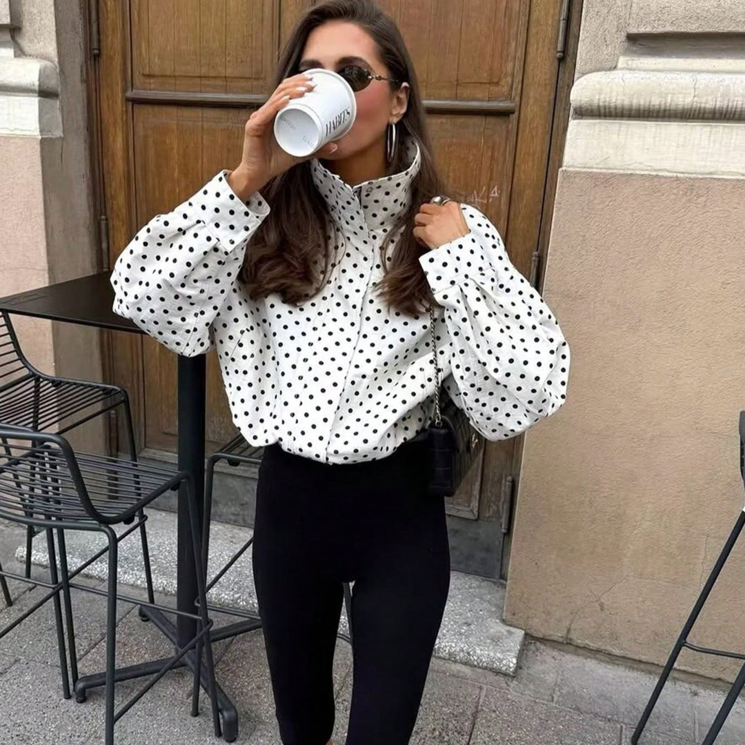 Damen Polka‑Dot Stehkragen‑Bluse mit oversized Ballonärmeln Drune