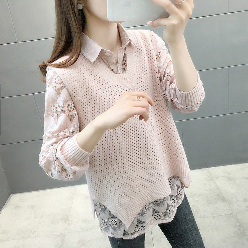Damen Verspielter Strickpullover mit Spitzenapplikation Drune