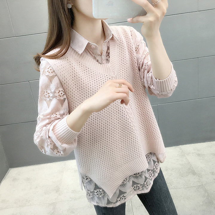 Damen Verspielter Strickpullover mit Spitzenapplikation Drune