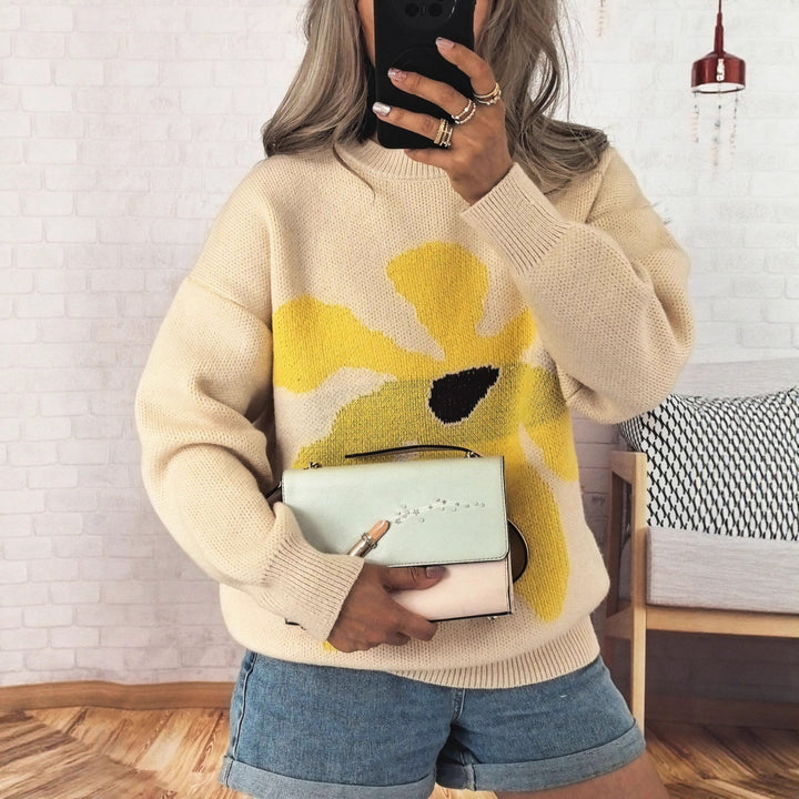 Damen lässiger Strickpullover mit buntem Blumenmotiv und überschnittenen Schultern Drune
