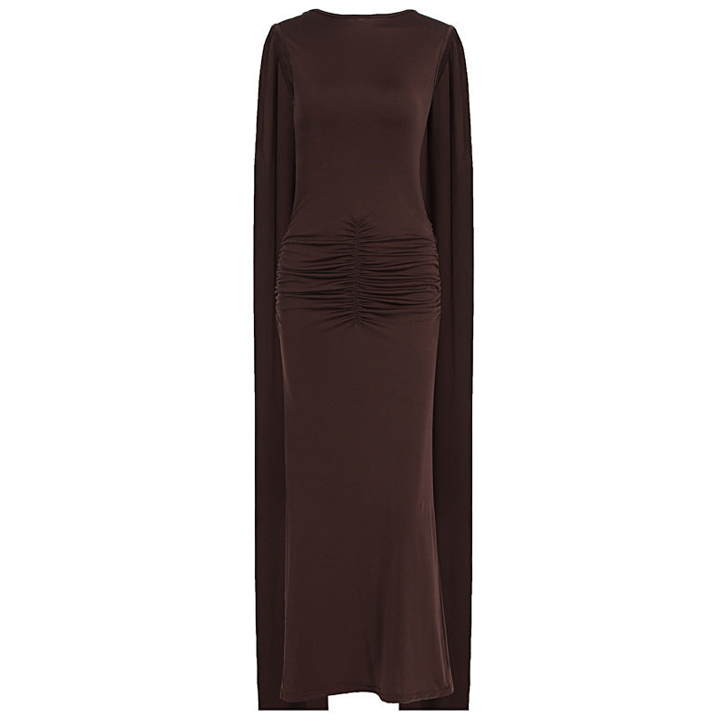 Damen Elegantes Maxikleid mit Raffungen und transparenten Ärmeln Drune