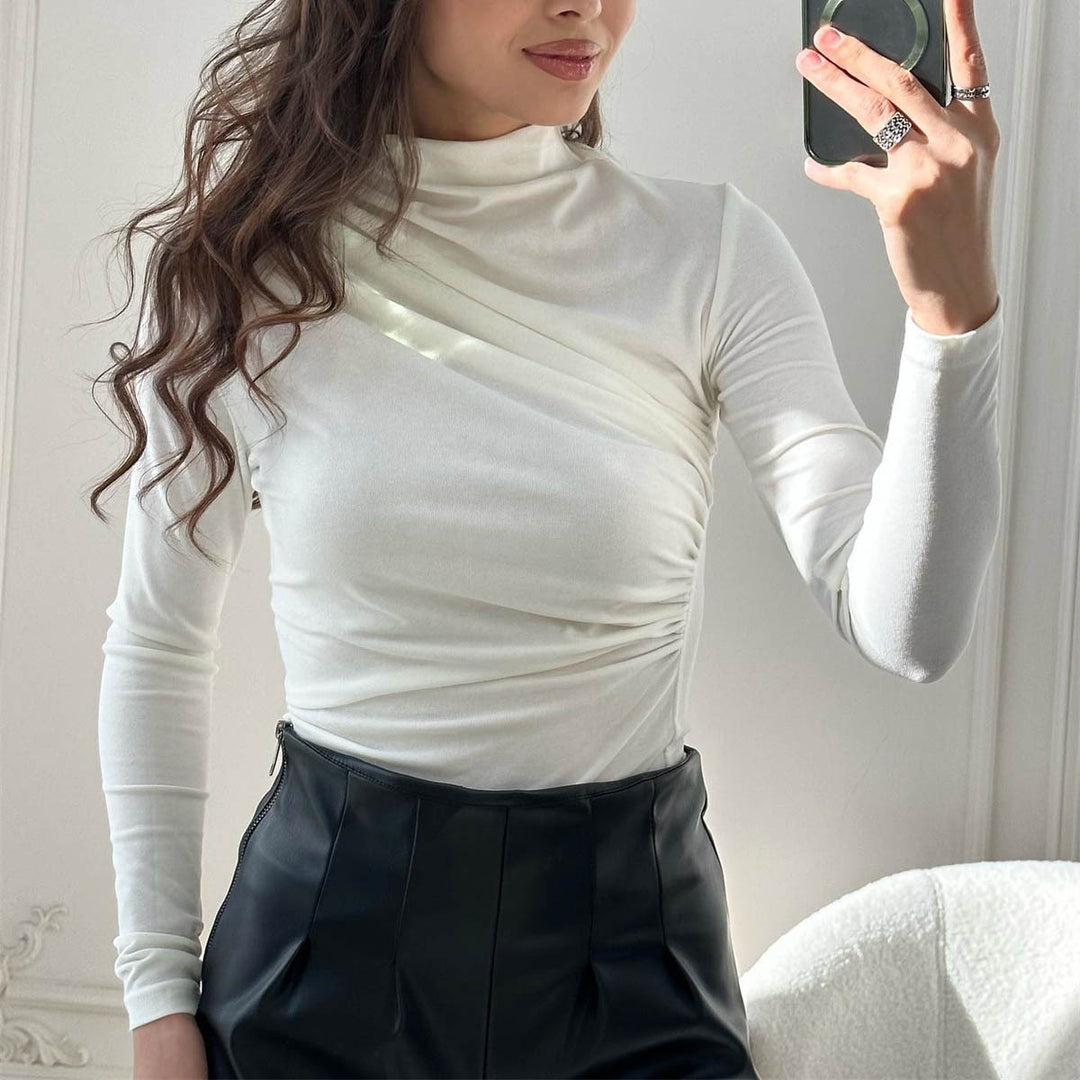 Damen Fitted Langarmshirt mit Stehkragen und seitlicher Raffung Drune