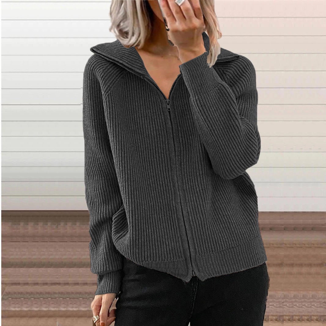Damen Gerippte Kapuzen-Strickjacke mit Reißverschluss und Eingrifftaschen Drune