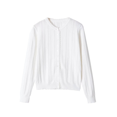Damen Leichte Feinstrick-Cardigan mit Knopfleiste, Spitzenkante und Rippstruktur Drune