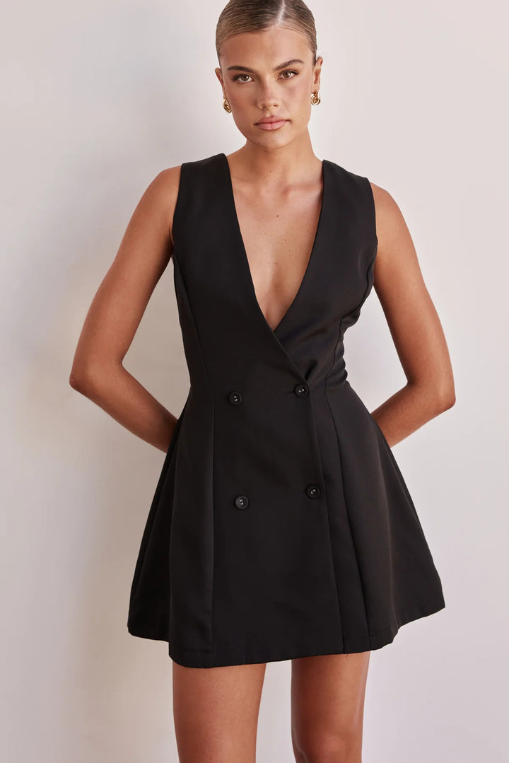 Damen Blusenkleid mit tiefem V-Ausschnitt und doppelter Knopfleiste Drune